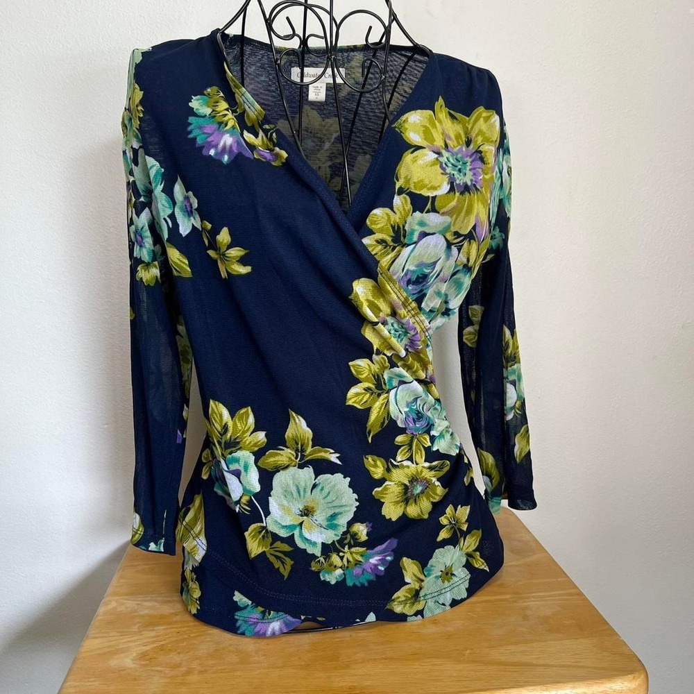 Coldwater Creek Floral Mesh Faux Wrap Top Navy Blue Lime Green XS 4